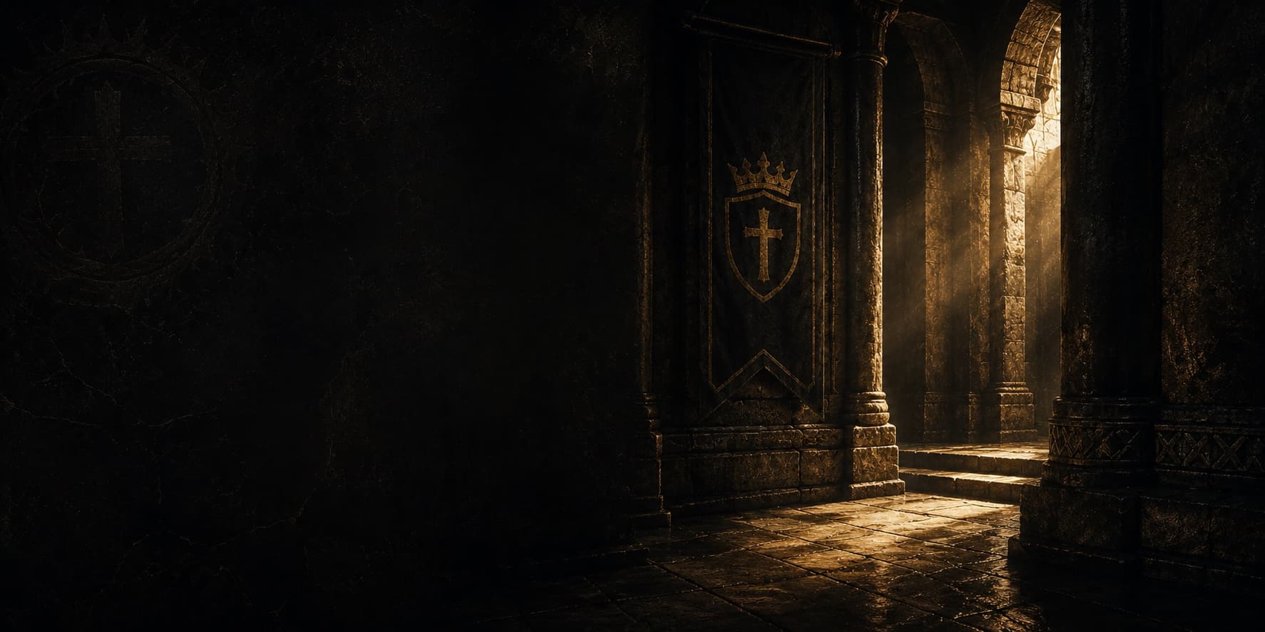 A shield-and-crown banner hanging in a stone hall, light falling through the arches