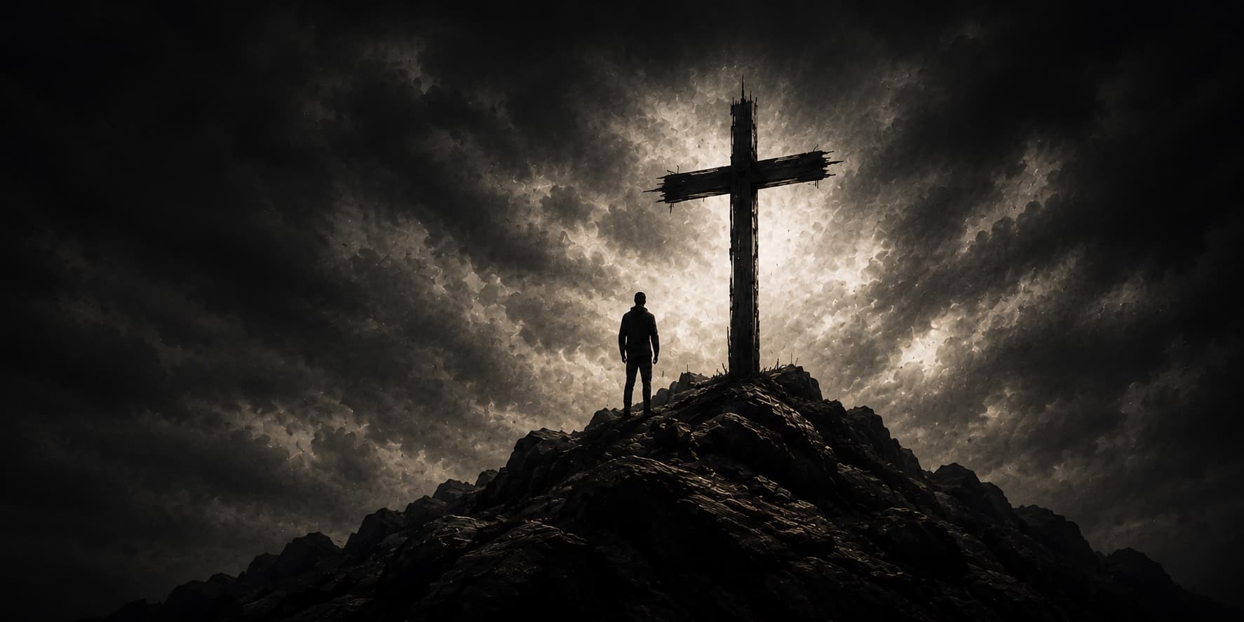A man standing before a wooden cross on a rocky summit under a storm-lit sky
