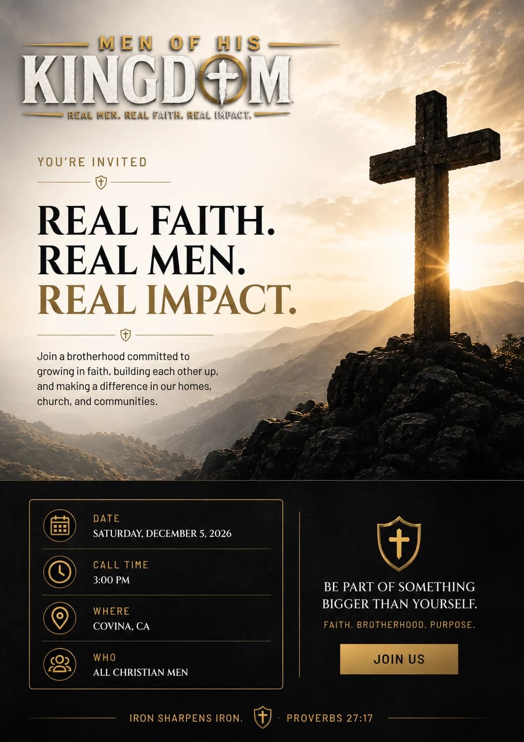Men of His Kingdom invitation flyer — Real Faith. Real Men. Real Impact. Saturday, December 5, 2026, call time 3:00 PM, Covina, CA, all Christian men welcome.